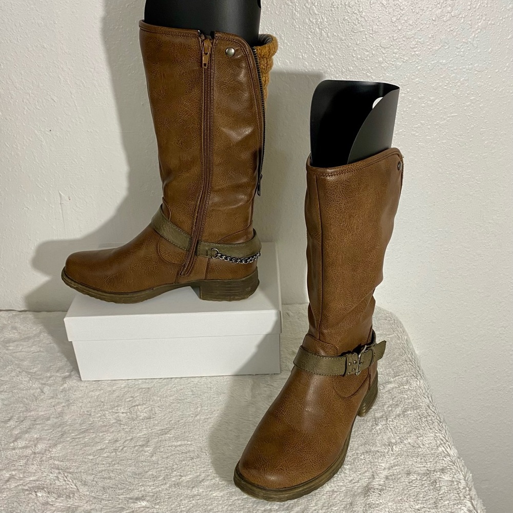 Muk Luks Santina Tall Riding Boots Women’s Size 8 Brown Vegan Sherpa Lined